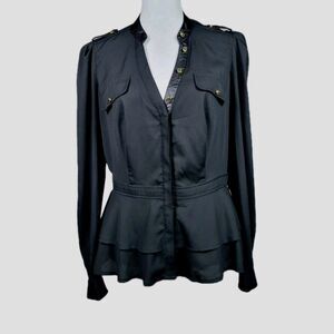 Bebe Gothic Black Peplum Military Blouse Epaulet Womens Medium Long Sleeve Top